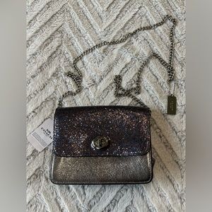 NWT Coach Purse Bowery Glitter Crinkle Crossbody Bag Metallic Silver Gunmetal